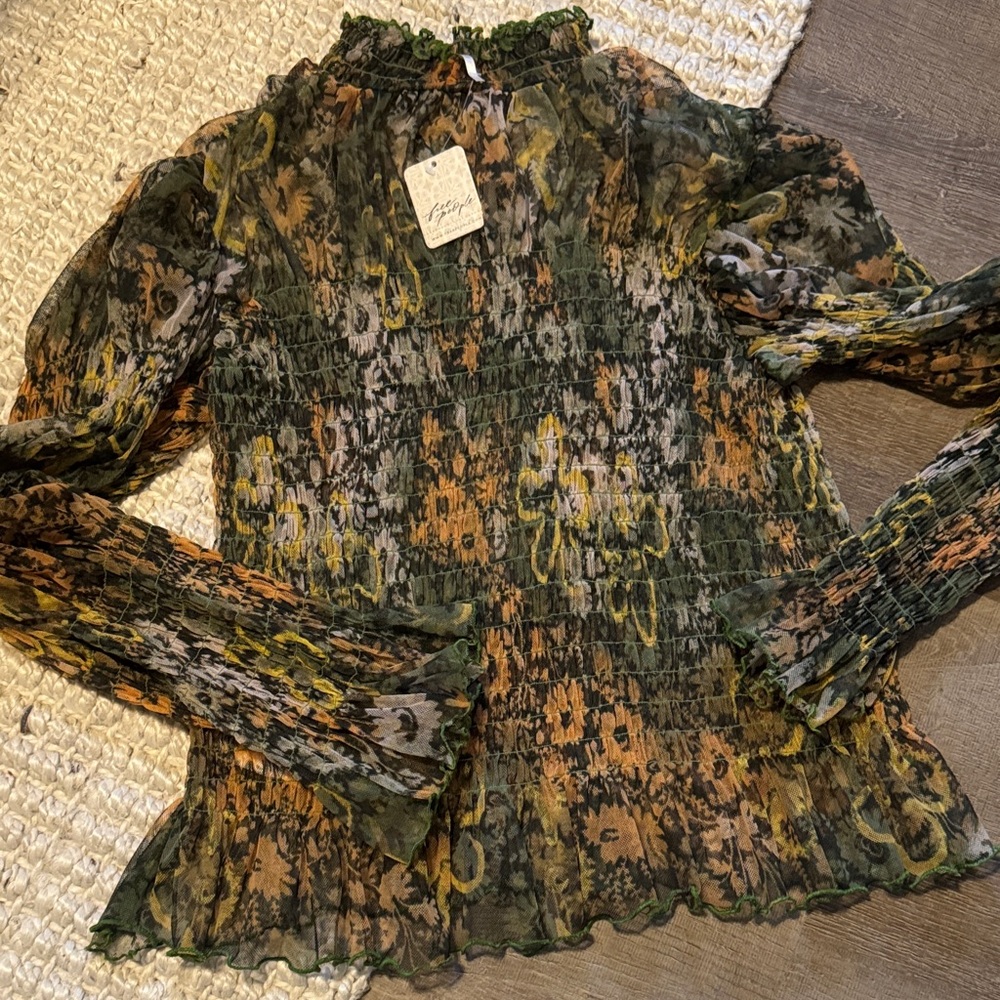 Free People Floral Print Sheer Blouse in Forest Green